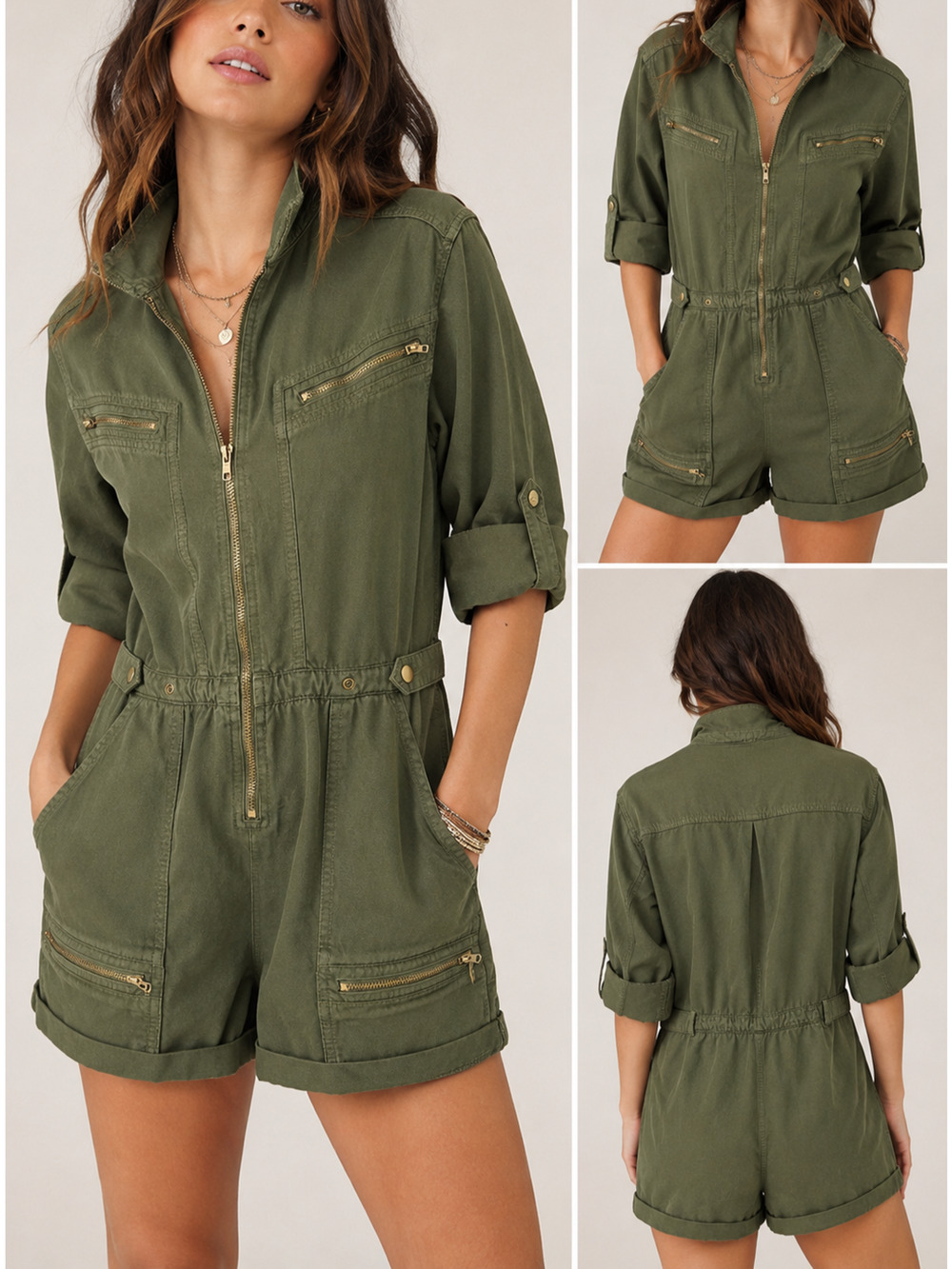 Free People Utility Cargo Romper Womens Size 4 Olive Green Zip Front Safari Boho